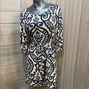 Pinkblush Cream and Blue Sheath Dress with Bishop Sleeves